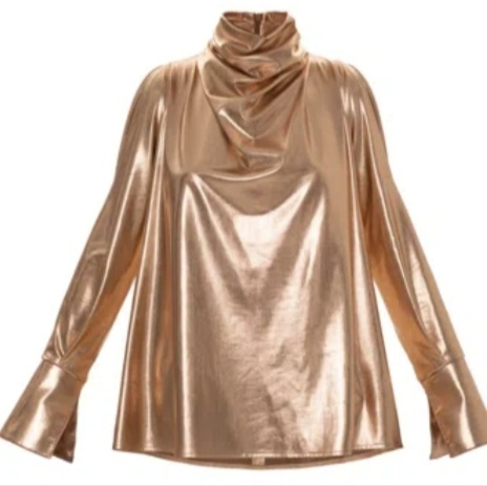 Julia Allert Blouse Metallic Gold Long Sleeve Cutout Shoulder XS P-Pit 18.5" NWT
